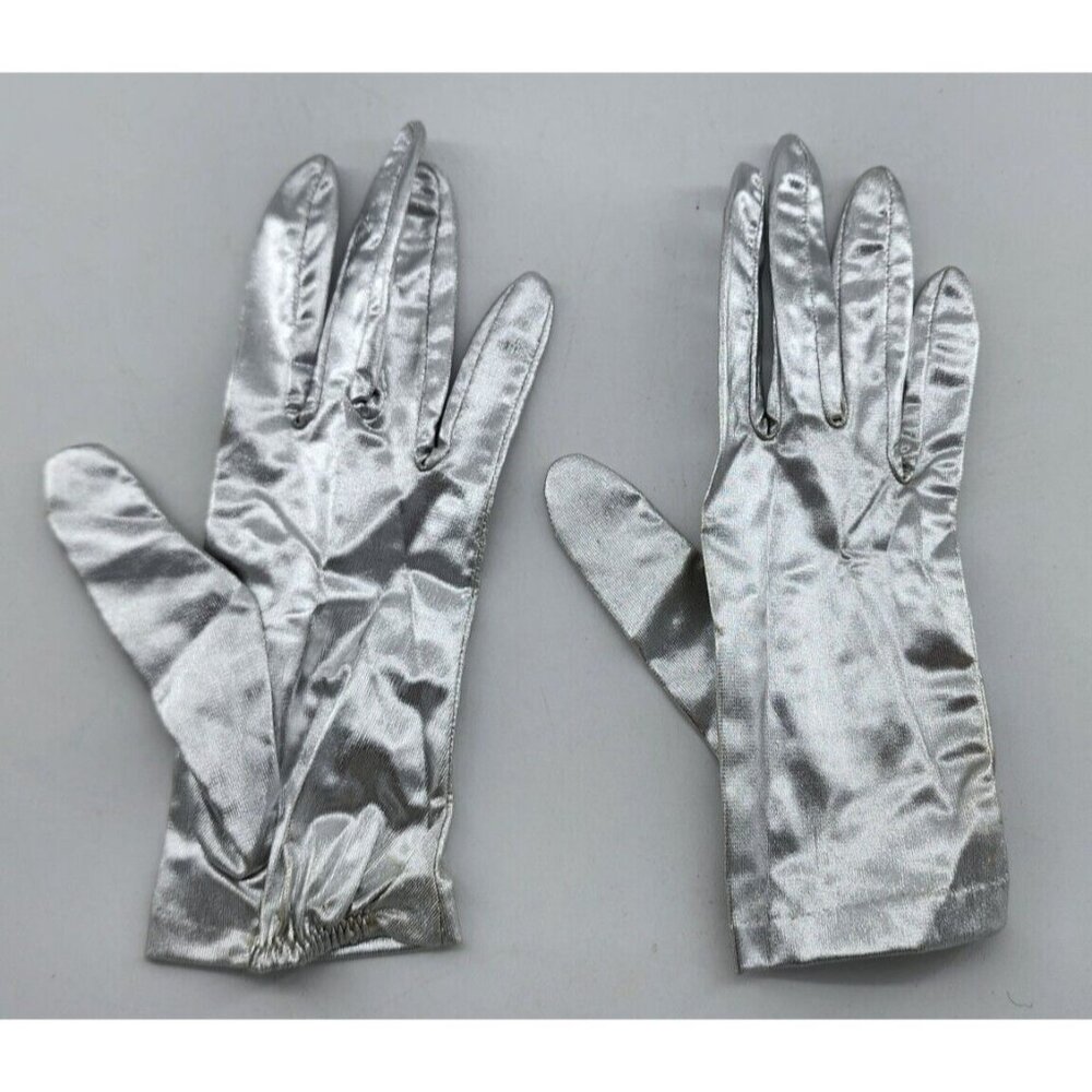 VTG Ladies Fownes Double Woven Nylon Gloves Metallic Silver Costume Cosplay MED